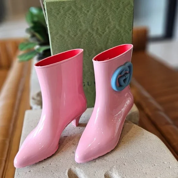 New Authentic Gucci Interlocking GG Logo Rubber Boots Pink Size 35 - Picture 2 of 8